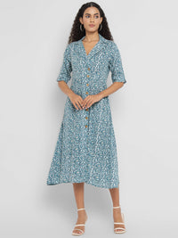 Porsorte Womens Double Gauze Cotton Blue Printed Shirt Dress