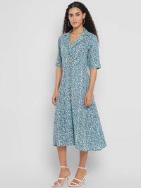 Porsorte Womens Double Gauze Cotton Blue Printed Shirt Dress