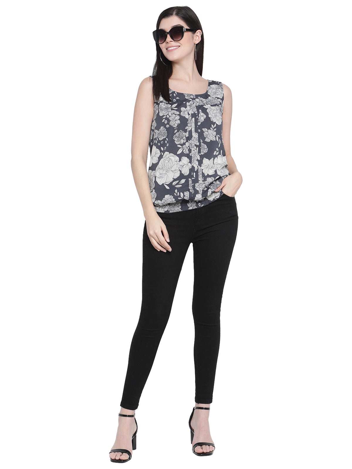 Porsorte Womens Grey Off White Floral Print Sleeveless Top