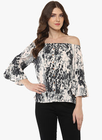 PORSORTE Women's Pink Grey Cold Shoulder Printed Top - www.porsorte.in