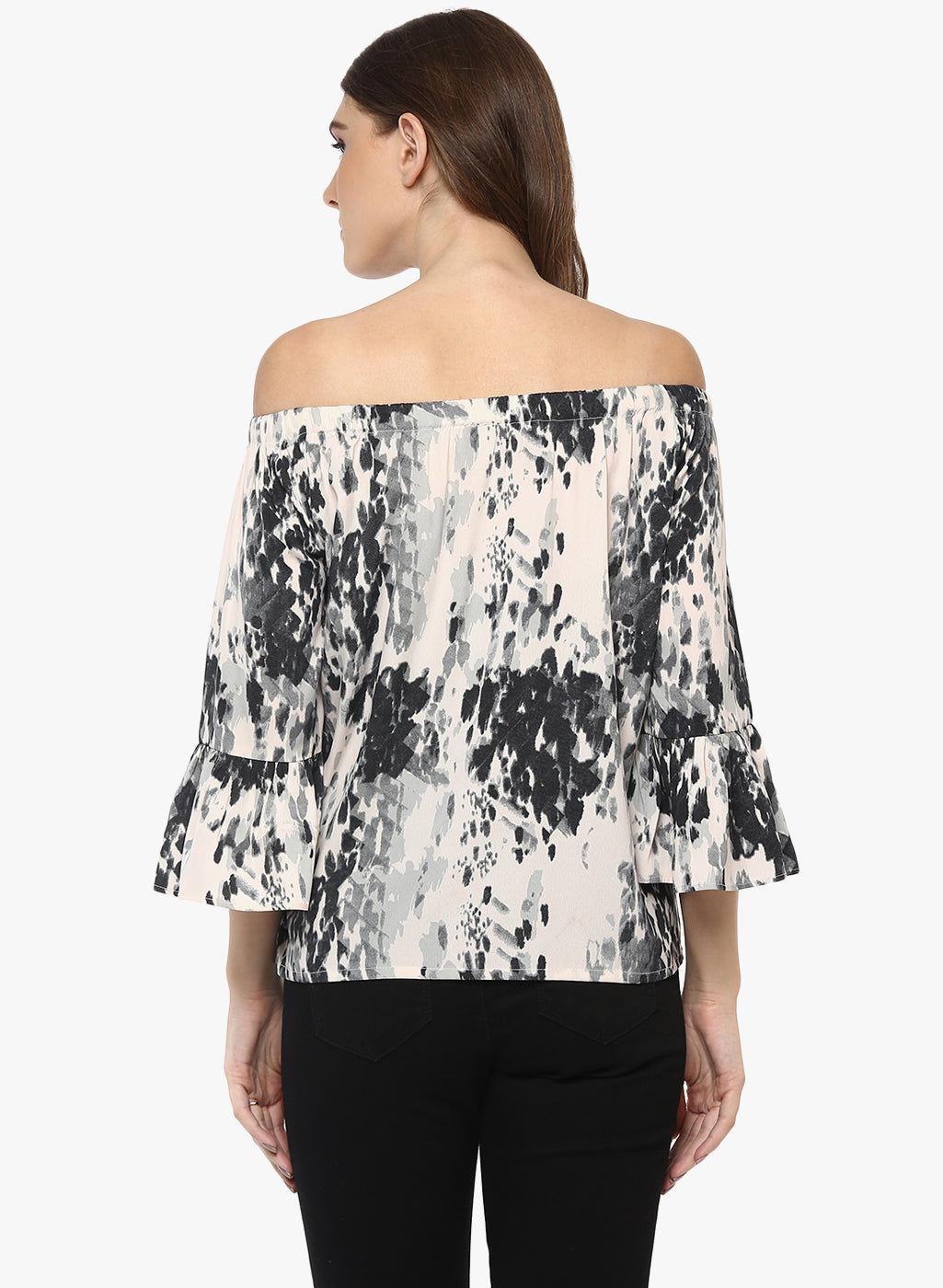 PORSORTE Women's Pink Grey Cold Shoulder Printed Top - www.porsorte.in