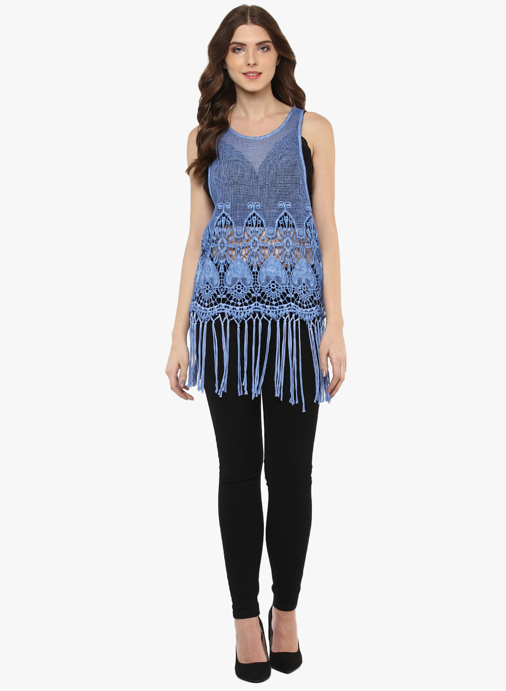 PORSORTE Women's Cotton Blue Pigment washed crochet top with fringes - www.porsorte.in