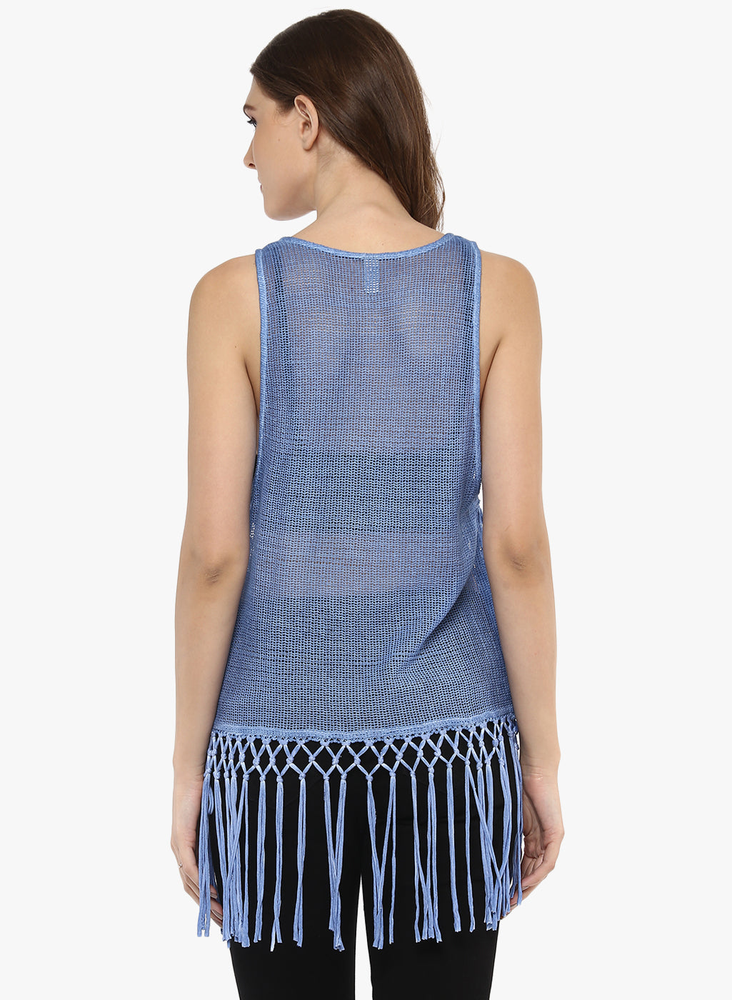 PORSORTE Women's Cotton Blue Pigment washed crochet top with fringes - www.porsorte.in